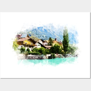 Swiss Alps Watercolor Mountains Landscape Art / Switzerland Posters and Art